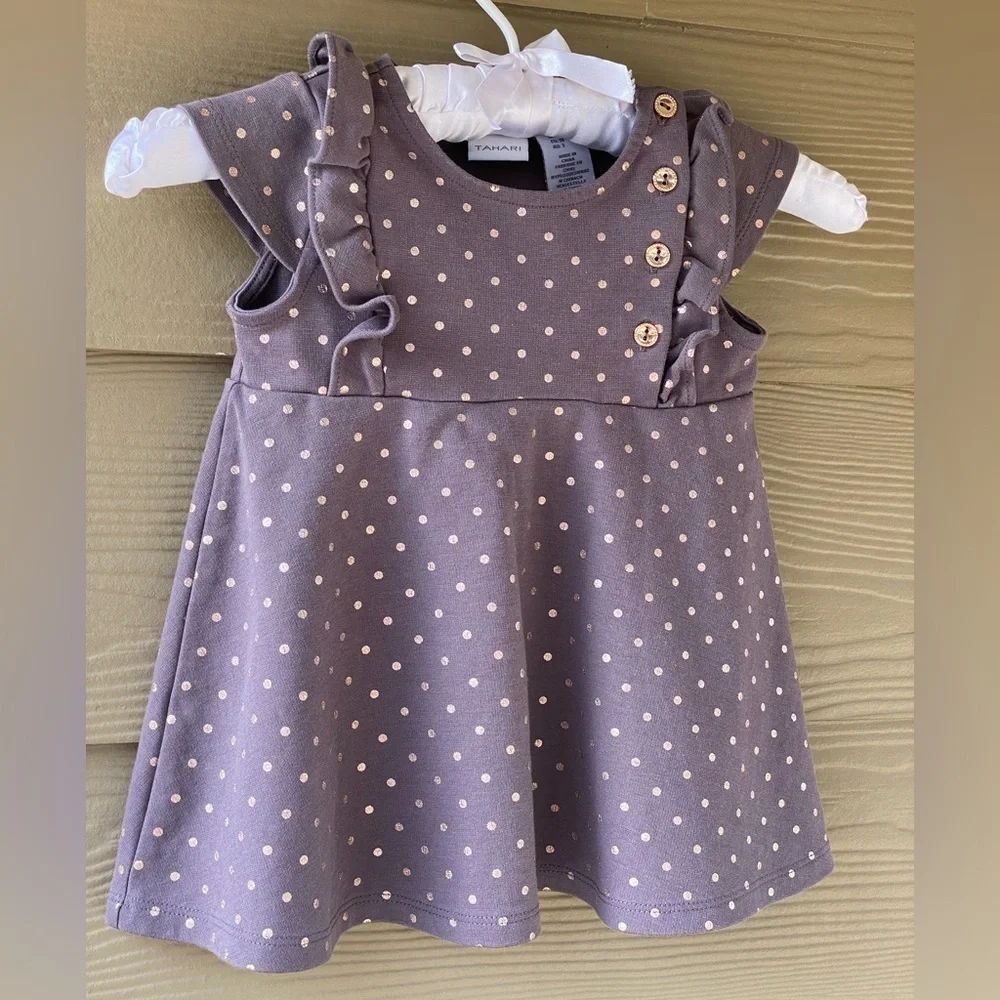 Tahari Girls Gray Gold Polka Dot Dress Size 3T